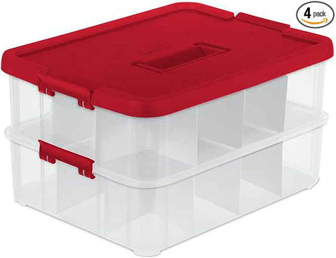 Sterilite 4-Pack Plastic Storage Box, Christmas Ornament Organizer, 24 Compartments, Red | Amazon (US)
