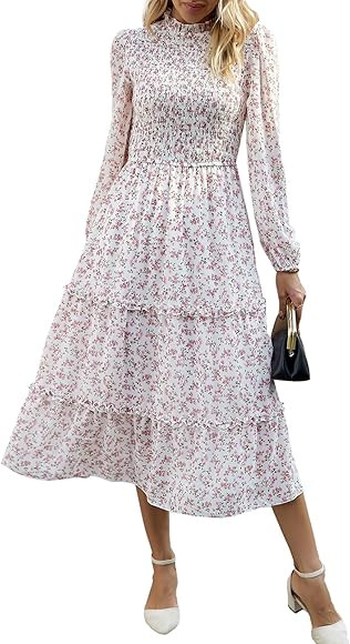 YNIQUE Women's Dresses Long Sleeve Floral Ruffle Tiered Swing Flowy A Line Beach Midi Dress | Amazon (UK)