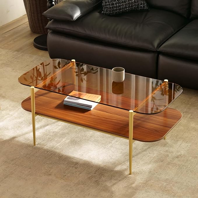 Saint Mossi Tadio Double Layer Glass Coffee Table for Living Room, Brown Glass & Coffee Brown MDF... | Amazon (US)