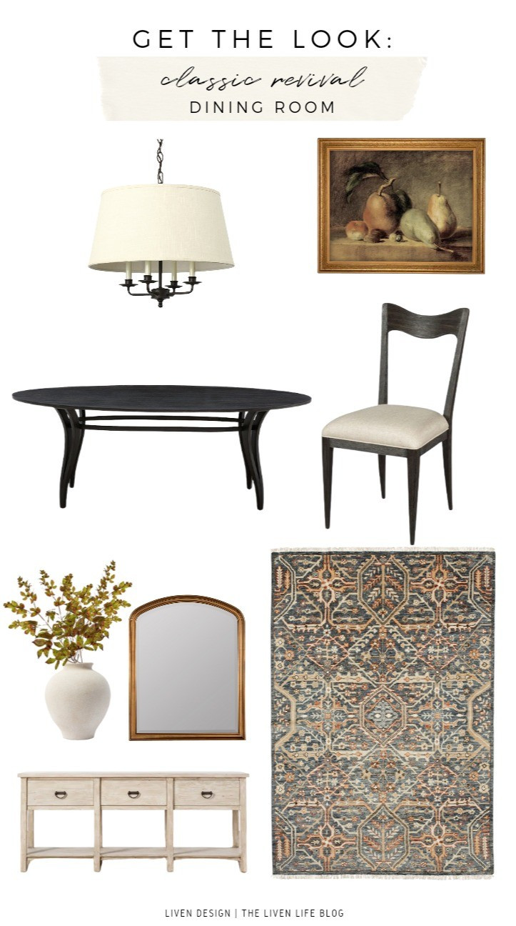 Traditional classic dining room. Home decor. Black pedestal dining table. Upholstered dining chair. Fruit still life painting. Drum shade hanging pendant. Sideboard 

#LTKSeasonal #LTKHome #LTKSaleAlert