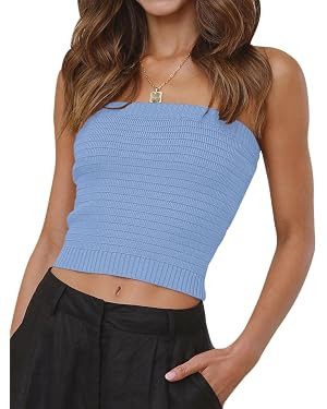 BZB Women Tube Crop Tops Summer Strapless Cute Ribbed Bandeau Tank Tops | Amazon (US)