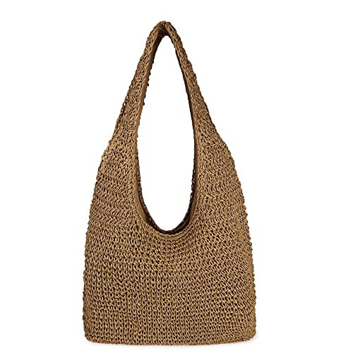 Women Large Straw Beach Bag Handmade Woven Shoulder Bags Hobo Tote Handbag Purse for Summer (Brown) | Amazon (US)