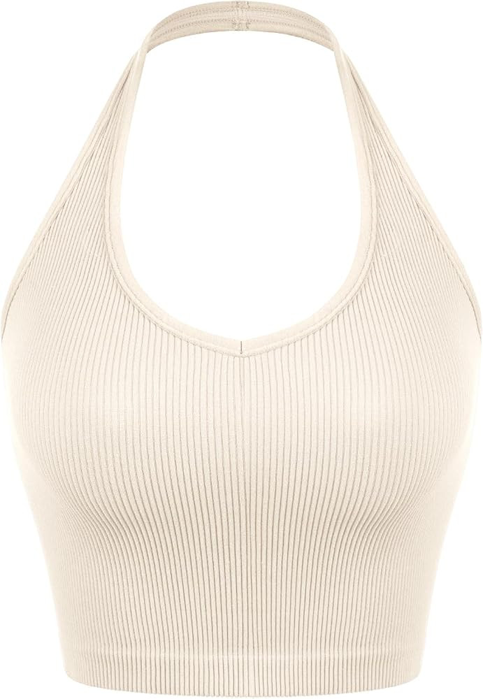 ODODOS Seamless Halter Crop Tops for Women Ribbed Soft V Neck Open Back Cropped Tank Top | Amazon (US)