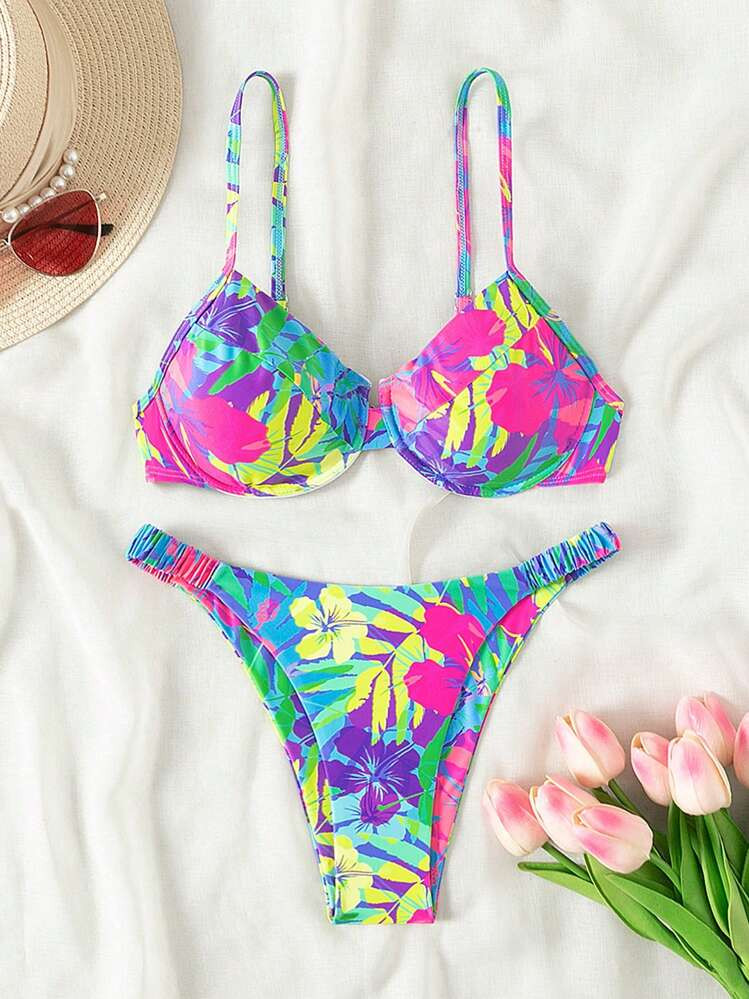 Swim Mod Women Summer Beach Solid Color Fashion Printed Bikini Set | SHEIN