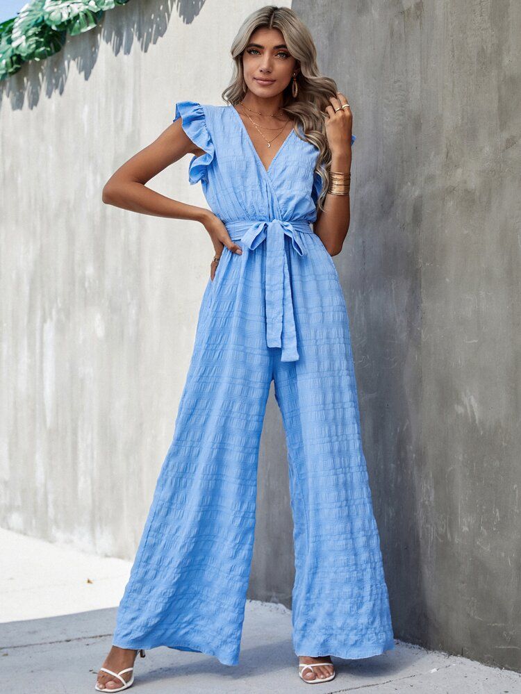 Surplice Neck Ruffle Belted Wide Leg Jumpsuit | SHEIN