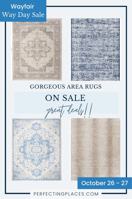 Shop gorgeous area rugs at the Wayfair Way Day sale!! Blue area rugs, blue and white rug, antelope print rug, beige traditional area rug, farmhouse rug, transitional area rug

#LTKhome