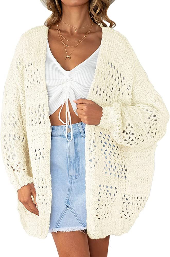 ZESICA Women's Long Batwing Sleeve Open Front Crochet Hollow Out Lightweight Oversized Knit Cardigan | Amazon (US)