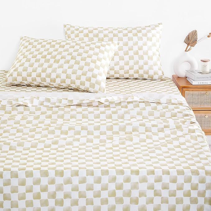 Wake In Cloud - Gingham Sheet Set, 4-Piece Sheet Set, Checkered Grid Plaid Checkerboard Geometric... | Amazon (US)