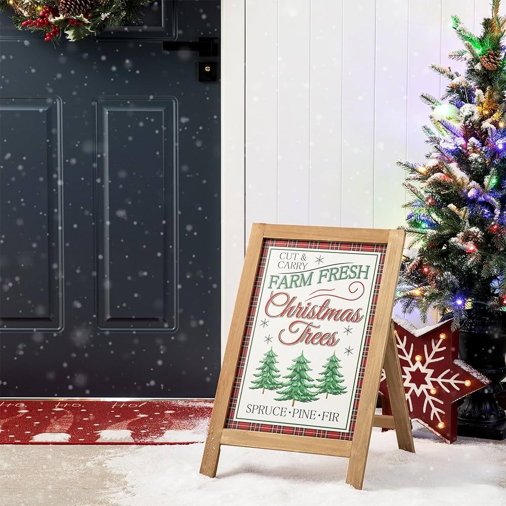 Glitzhome Decorative Christmas A-Frame Free Standing Sign Slide in Wood Christmas Tree Sign Welco... | Amazon (US)