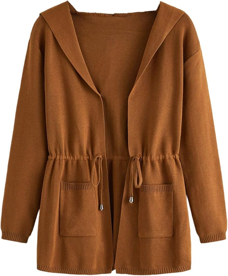 SheIn Women's Drawstring Waist Knit Hooded Cardigan Sweaters Long Sleeve with Pocket | Amazon (US)