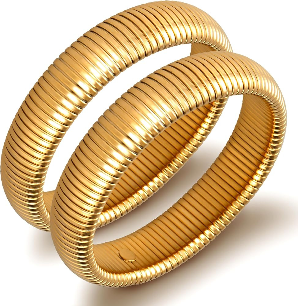 Gold Bangle Bracelets for Women Chunky Stretch Bracelet Set Stackable Bangles 14K Gold Plated Sta... | Amazon (US)