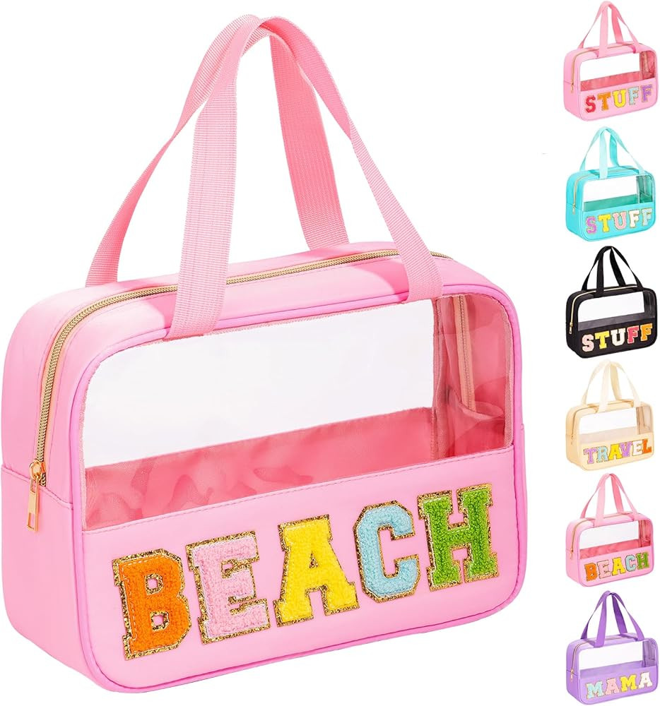 eurovicky Chenille Letter Patch Clear Makeup Bag, Preppy PVC&Nylon Makeup Bag with Handle and Zip... | Amazon (US)