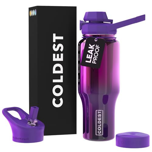 Coldest Sports Water Bottle - 3 in 1 Lids (Chug, Straw, Handle) - Insulated Stainless Steel Tumbler with Handle - Vacuum Water Flask Cup, Valentines Gifts for Him Her (36 oz, Purple Nova) | Amazon (US)