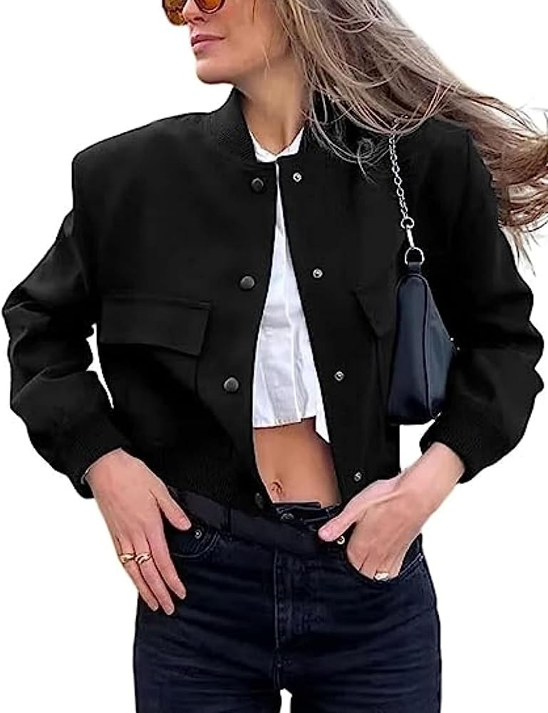 Buenoble Crop Street Bomber Jacket Women Casual Button Up Solid Color Varsity Jacket with Two Big... | Amazon (US)