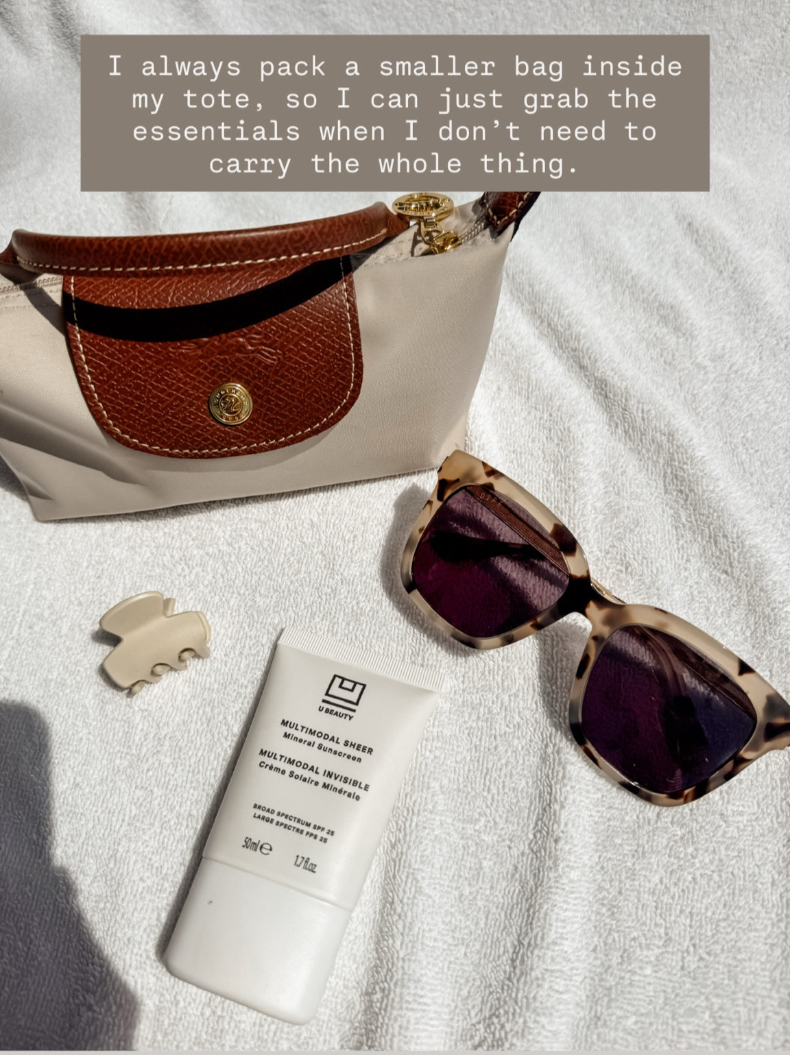 The mini longchamp is perfect to put in a larger tote! I bring it in both regular totes & pool totes! I also am going to link one I got from Amazon that’s a lookalike! 

Loverly Grey, longchamp, sunscreen, sunglasses, claw clips, beach bag essentials 

#LTKSwim #LTKSeasonal