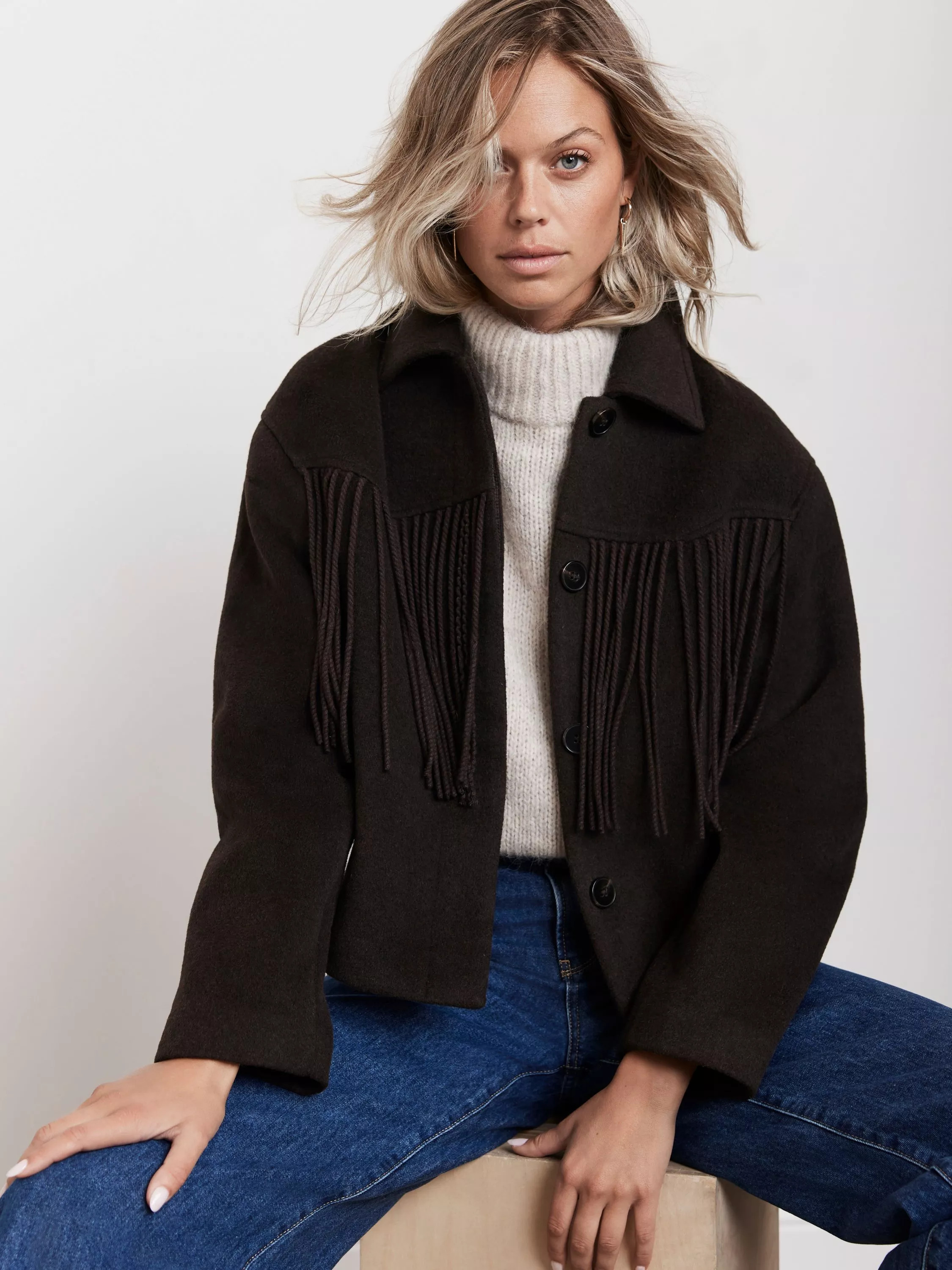 Mint Velvet Short Tassel Jacket, Brown | John Lewis (UK)