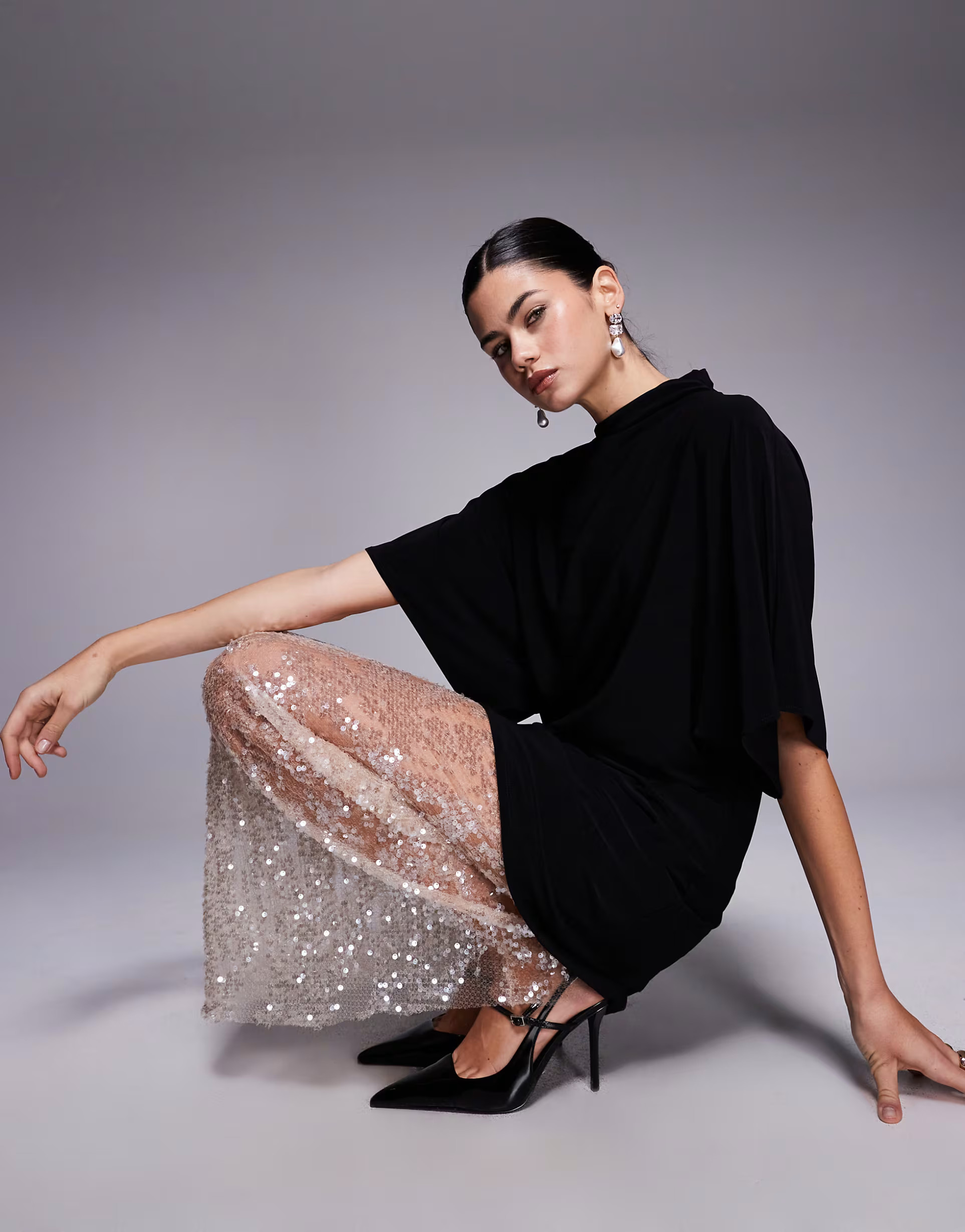 ASOS DESIGN 2 in 1 short sleeve t-shirt and lace sequin skirt maxi dress in champagne | ASOS (Global)