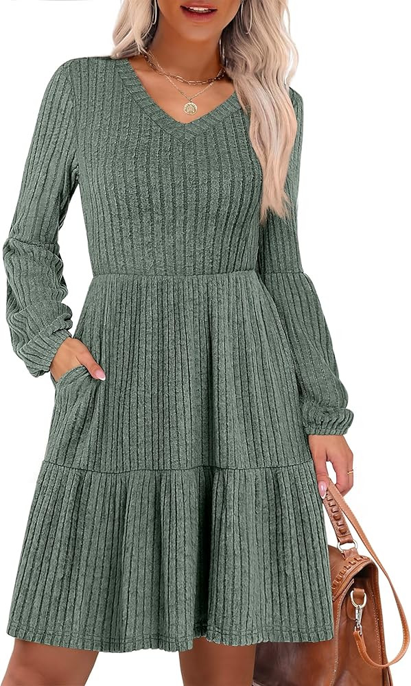 ANRABESS Women's Long Lantern Sleeve Ribbed Knit Dresses V Neck Casual 2025 Fall Winter Flowy Swi... | Amazon (US)