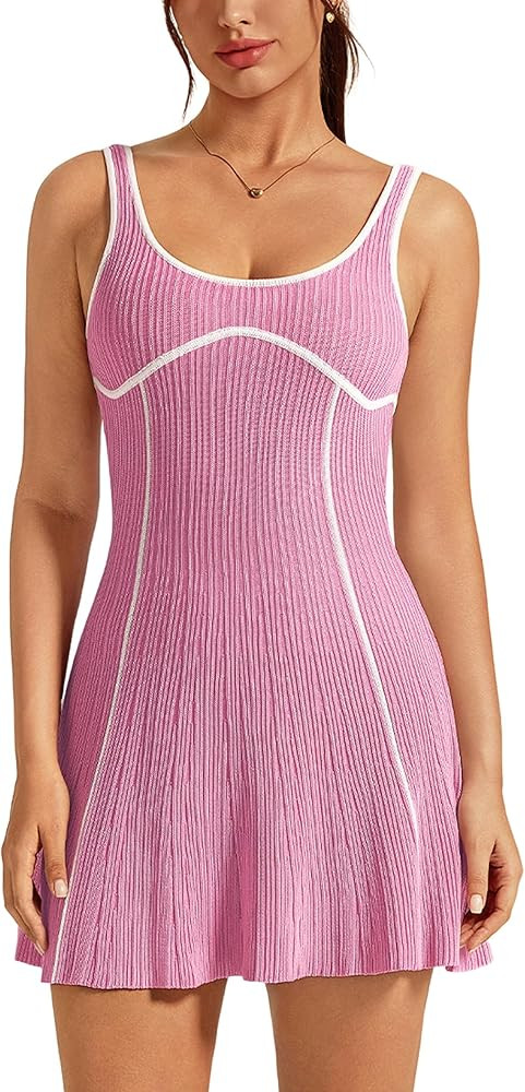 ABOVIW Women Scoop Neck Knit Tennis Dress Contrast Trim Backless Athletic Dress with Shorts Summe... | Amazon (US)