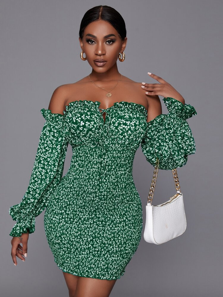SHEIN SXY Ditsy Floral Print Knot Front Off Shoulder Shirred Bodycon Dress | SHEIN