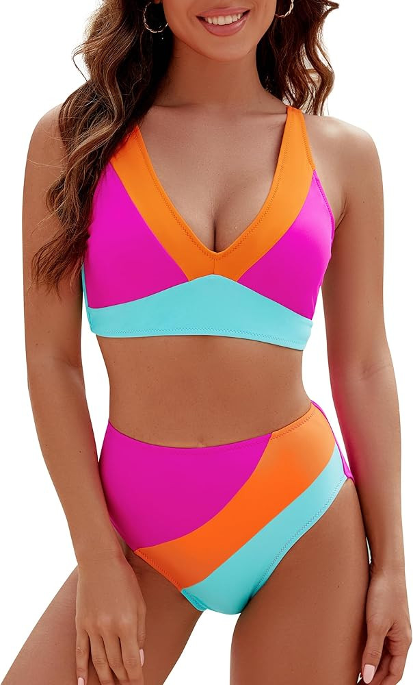 Blooming Jelly Womens High Waisted Bikini Sets Sporty Two Piece Swimsuits Color Block Full Covera... | Amazon (US)