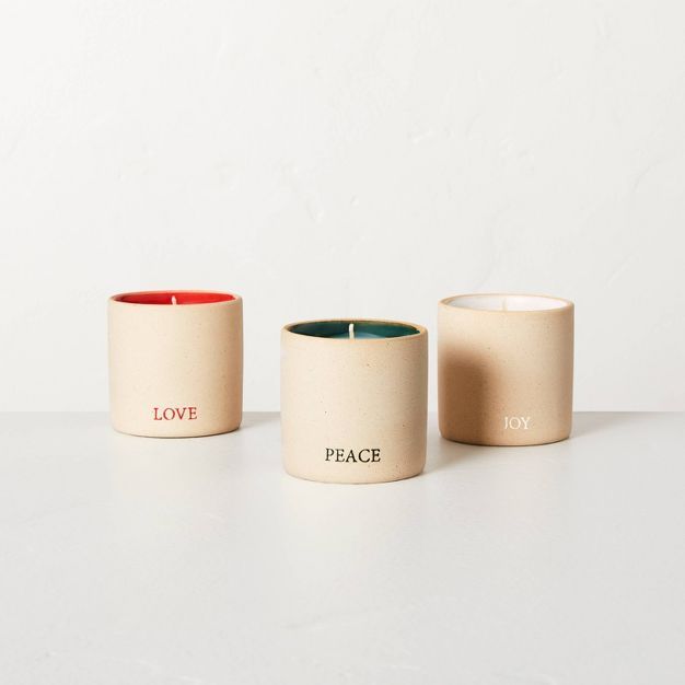 3pk Raw Ceramic Love/Peace/Joy Sentiments Candle Gift Set 3oz - Hearth & Hand™ with Magnolia | Target