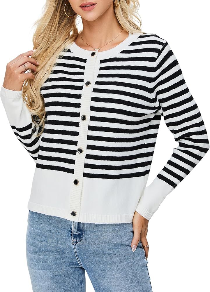 BMJL Women's Striped Cardigan Sweaters Lightweight Cropped Long Sleeve Tops Button Down 2024 Fall... | Amazon (US)