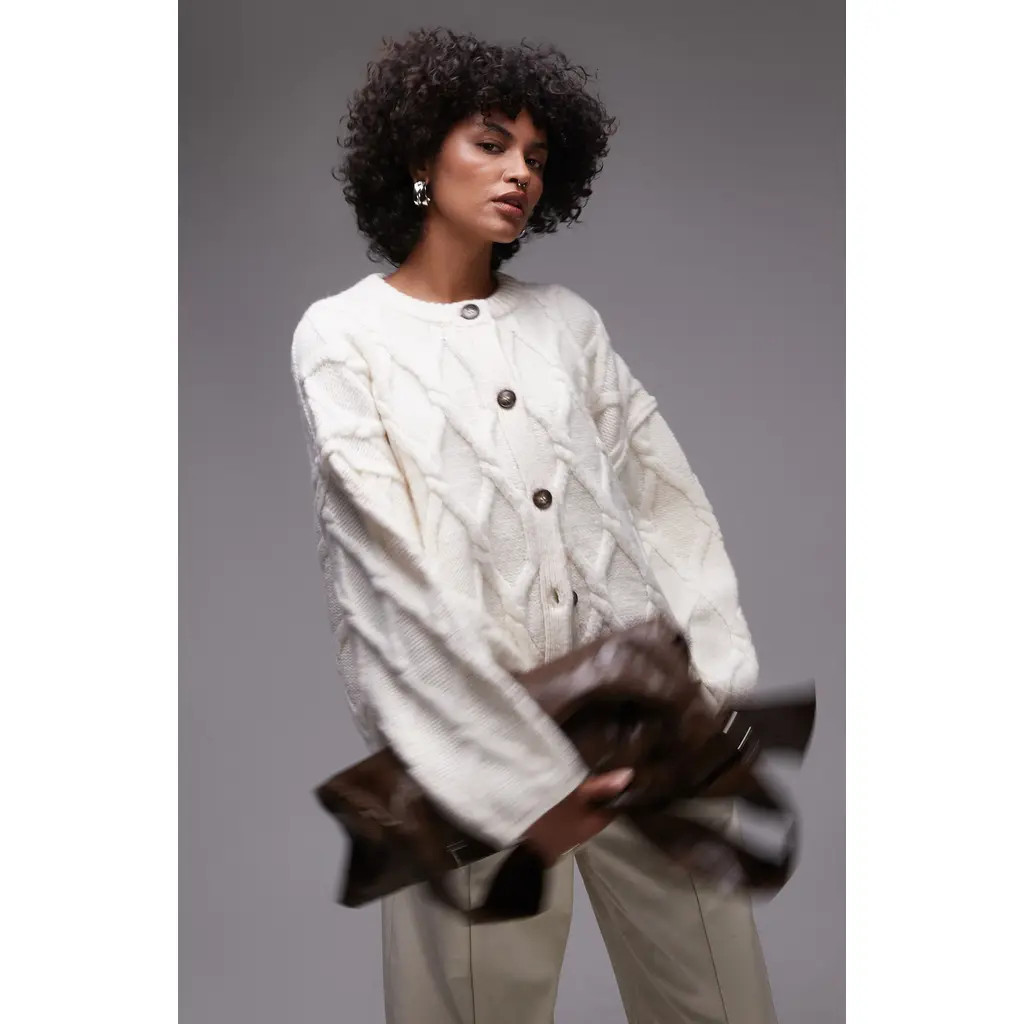 Topshop Diamond Knit Oversize Cardigan in White at Nordstrom, Size Large | Nordstrom