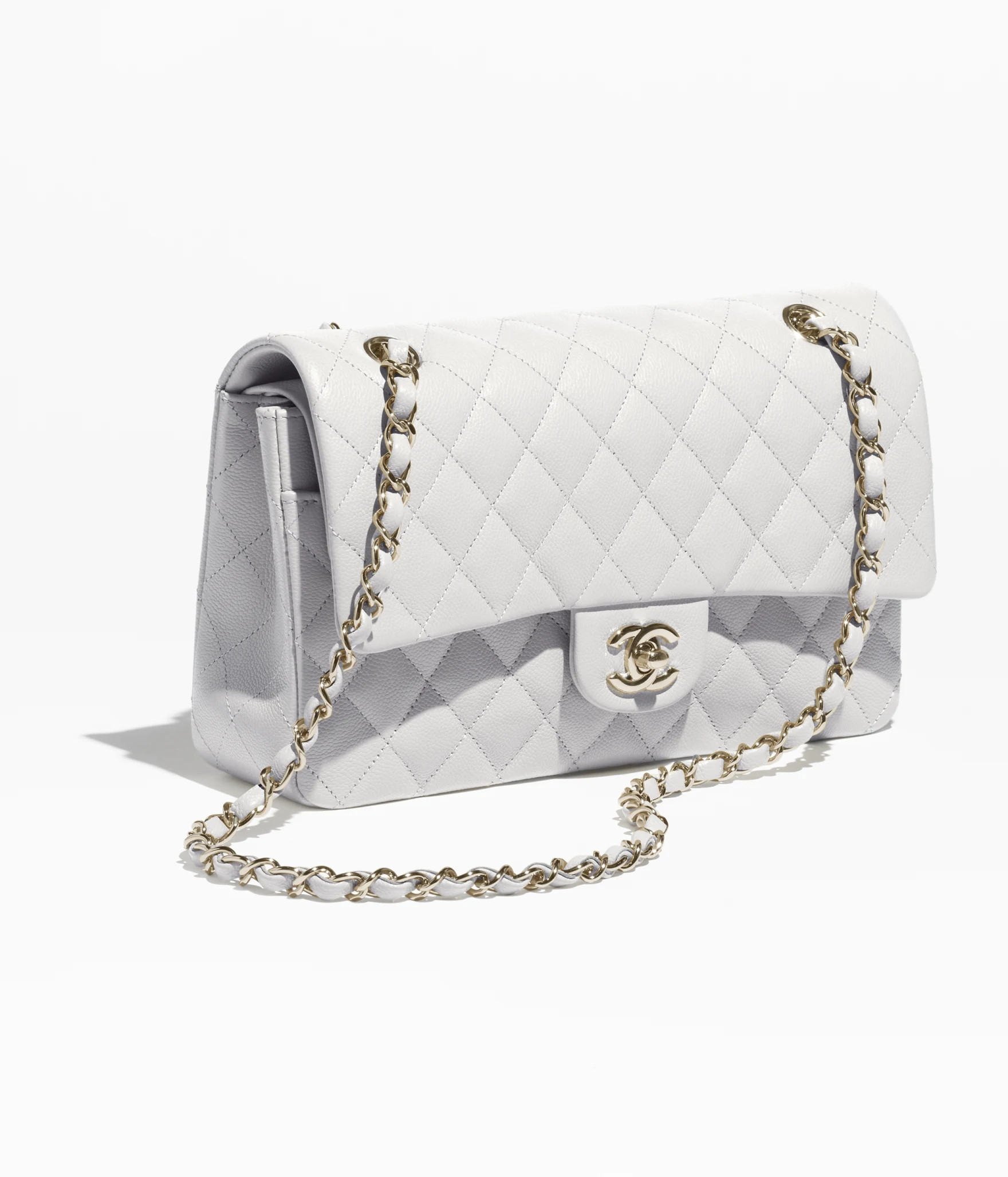 Grained Shiny Calfskin & Gold-Tone Metal Light Gray | Chanel, Inc. (US)