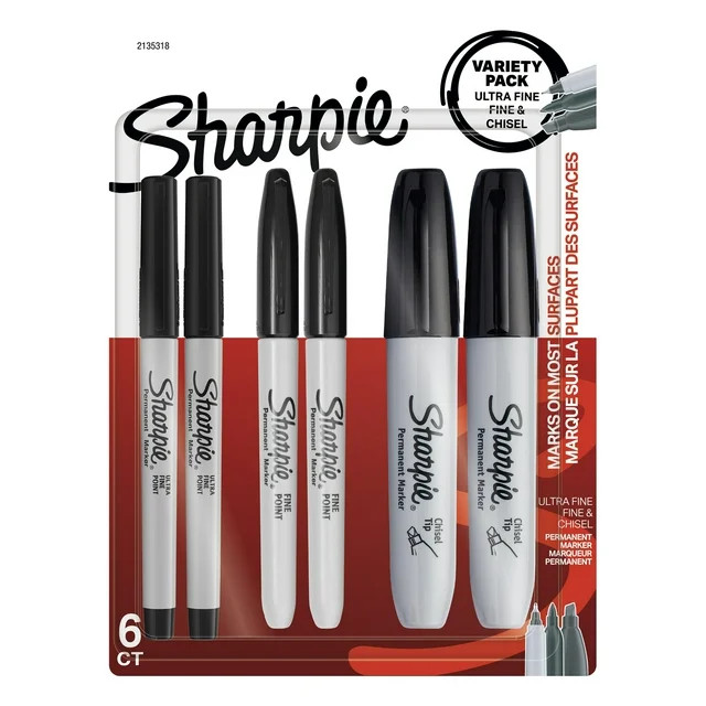 Sharpie Permanent Markers, Multi-Tip Pack, Fine/Ultra Fine/Chisel Tip, Black, 6 Count | Walmart (US)