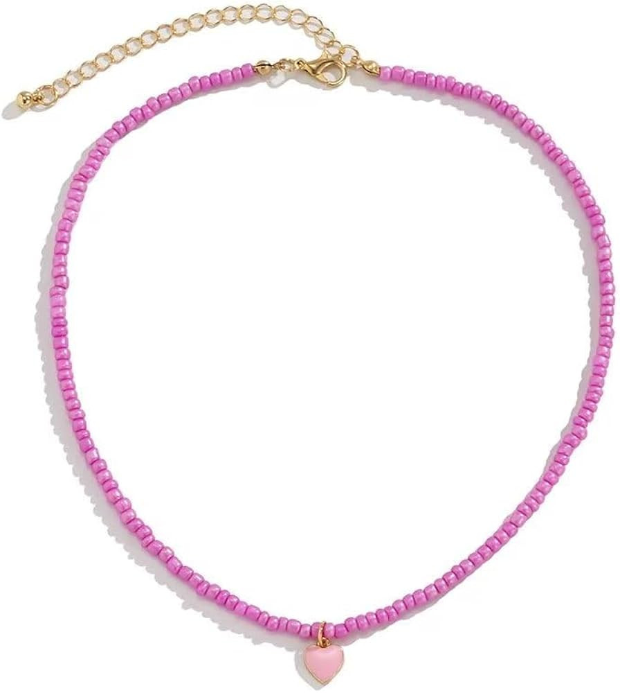 Boho Heart Beaded Choker Necklace Love Heart Summer Beach Colorful Beaded Pendant Necklace For Wo... | Amazon (US)