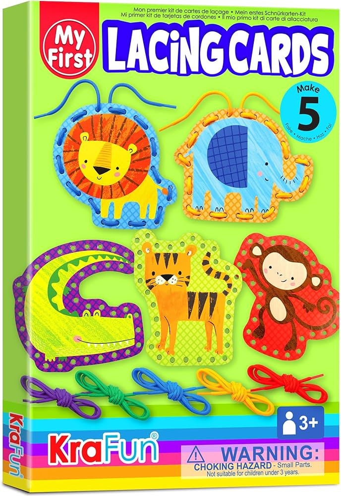 KRAFUN Beginner Preschool Lacing Card Kit for Kids Arts & Crafts, 5 Easy Safari and Animal Lacing... | Amazon (US)