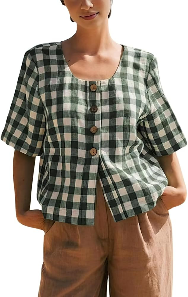 chouyatou Women's Gingham Button Down Shirt Cotton Shirt Plaid Blouses Short Sleeve Summer Tunic ... | Amazon (US)
