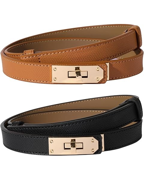 Women's Skinny Leather Belt with Adjustable Silver Turn-Lock Buckle - Ideal for Dresses, Jeans, a... | Amazon (US)