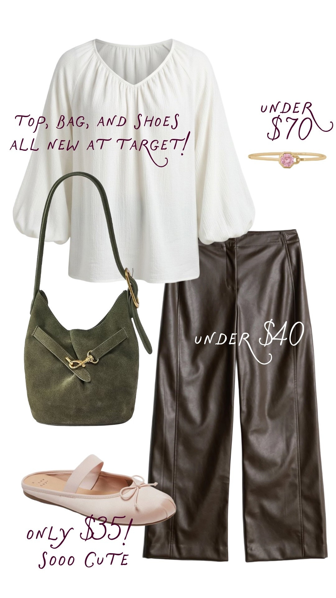 This outfit is proof you can build a cute look without spending a fortune! I love the white blouse with the chocolate faux leather pants, then the green bag and the ballet flats add a little color. Such a good fall work outfit or dinner look! 

 #LTKootd #LTKmomlife #LTKSeasonal