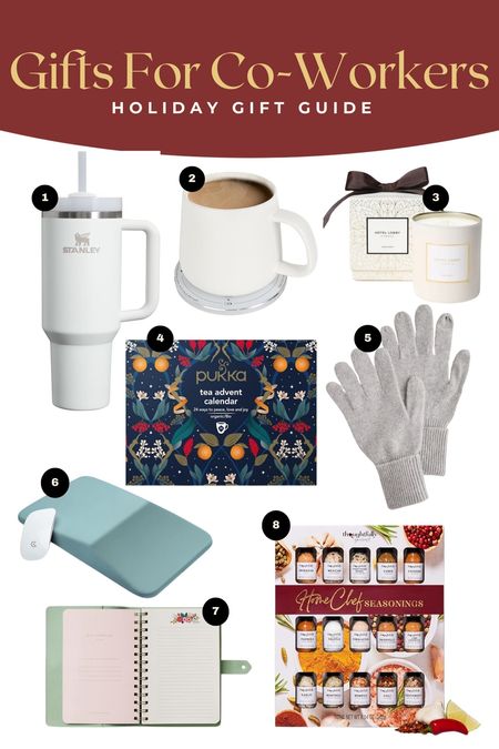 Holiday gift guide for co-workers! Stanley mug, coffee mug warmer, candle, tea advent calendar, cashmere gloves, mouse pad, notebook, and cooking spices! 

#LTKparties #LTKGiftGuide #LTKHoliday