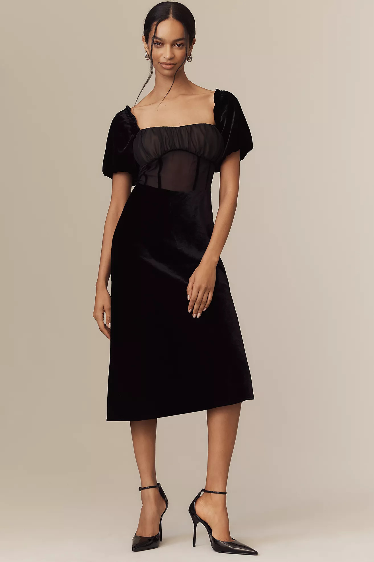 By Anthropologie Puff-Sleeve Mesh Velvet Midi Dress | Anthropologie (US)