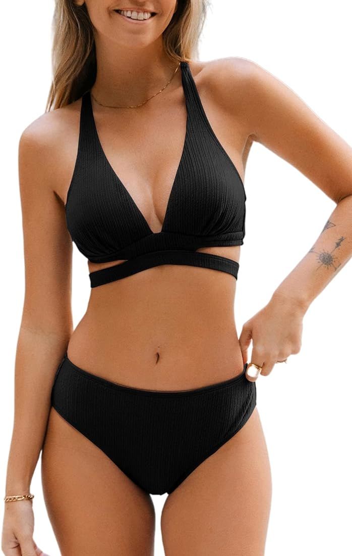 CUPSHE Bikini Set for Women Two Piece Swimsuits Triangle Top Mid Rise Crisscross Back Tie Cutout ... | Amazon (US)