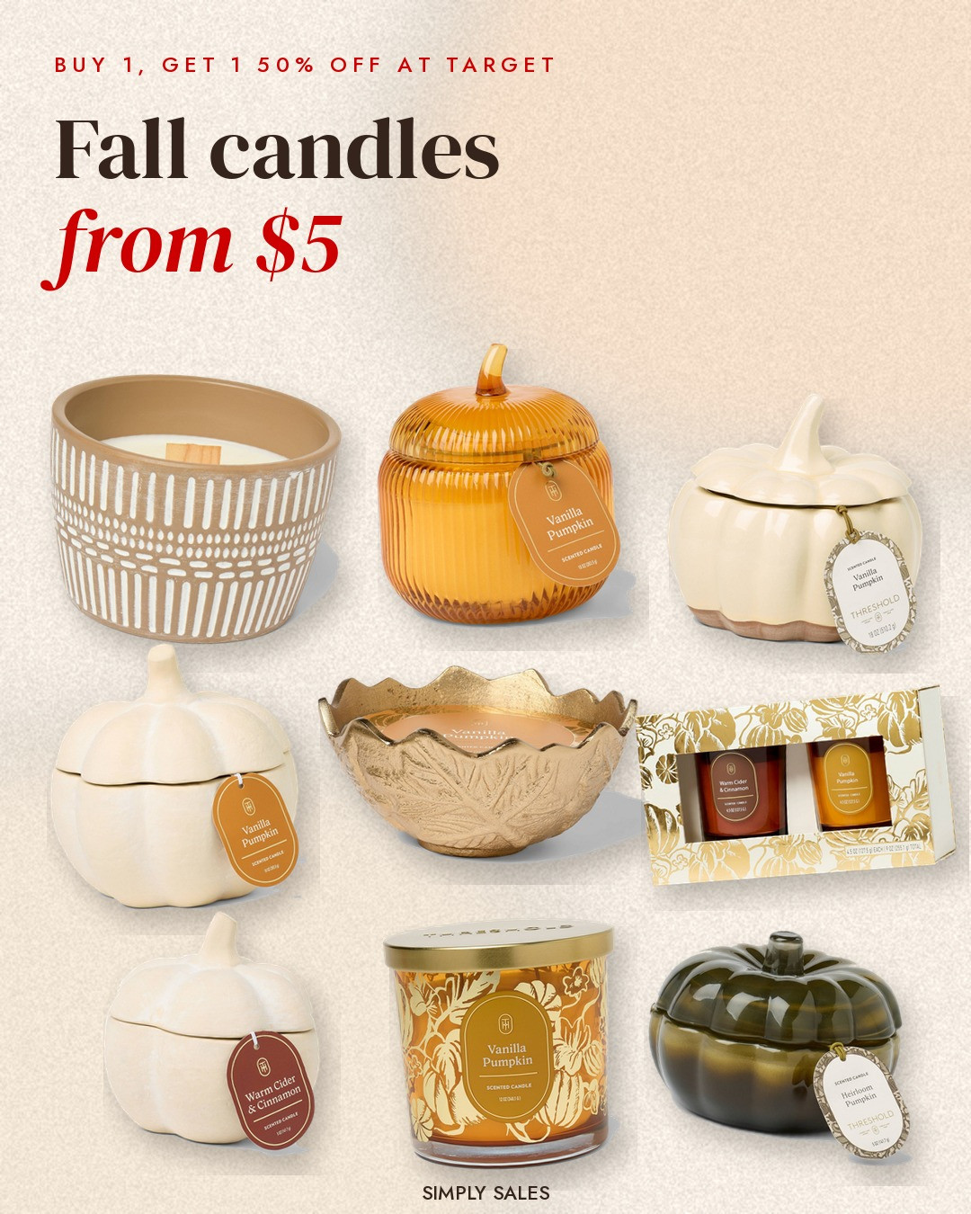 🕯️ Buy 1, get 1 50% off candles at Target, and the fall Threshold ones start at $5

🎃 Pumpkin candles
Ribbed glass pumpkin, vanilla pumpkin — $15
Tuscan ceramic pumpkin, 2 wick XL — $20
Rustic ceramic pumpkin, 3 wick — $15
Small rustic ceramic pumpkin, warm cider & cinnamon — $10
Small glass pumpkin, heirloom pumpkin — $5

🍂 More fall candles
Large ceramic wooden wick, pumpkin bourbon — $17
Metal leaf candle, vanilla pumpkin — $15
Vanilla pumpkin jar with lid, orange and gold — $10
Vanilla pumpkin + warm cider gift set, 2 pack — $10

Prices are before the buy 1, get 1 50% off.

fall candles, pumpkin candle, target finds, threshold, wood wick candle, fall decor, cozy home, candle gift set 

 