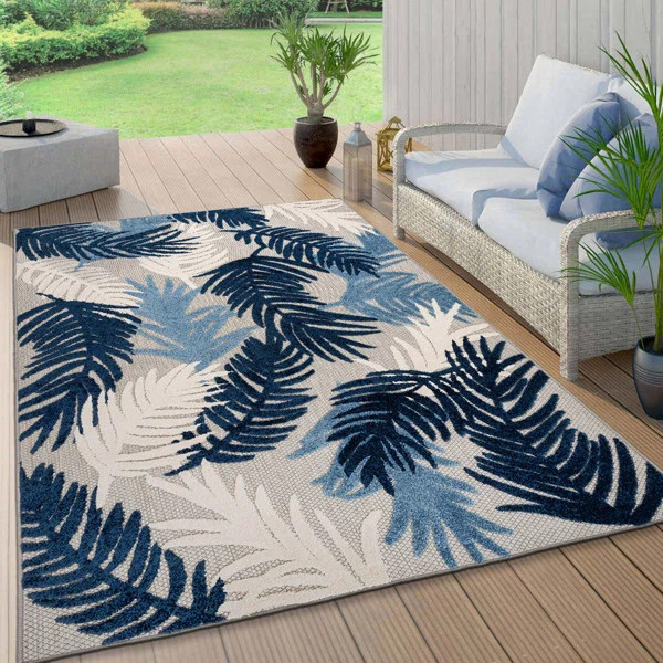 Hernandez Floral Indoor / Outdoor Area Rug in Navy/White/Blue | Wayfair North America
