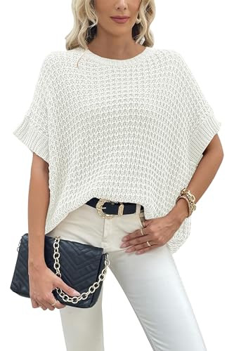 Jumppmile Womens Oversized Short Sleeve Sweater Waffle Knit Sleeveless Sweater Tops Fall Winter Pullover Sweater White L | Amazon (US)
