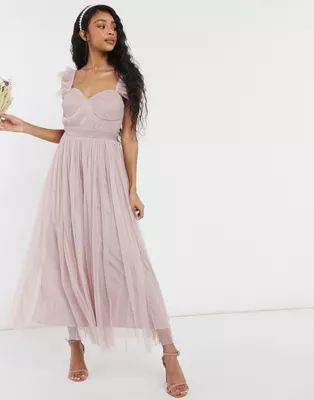 Anaya With Love Bridesmaid tulle ruffle sleeve midaxi dress in pink | ASOS (Global)