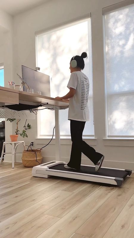 this how I transition from standing/walking on my desk treadmill to sitting at my desk in my home office ✨ pretty simple! The treadmill can also be stored upright. My desk setup & treadmill deets are linked in my bio ~ desk and chair are from @ergonofis also linked. 

#LTKhome