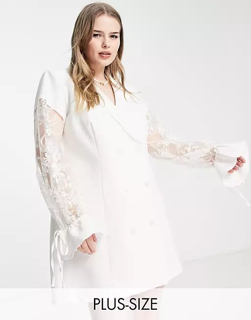 Saint Genies Plus blazer dress with blouson lace sleeves in white | ASOS (Global)