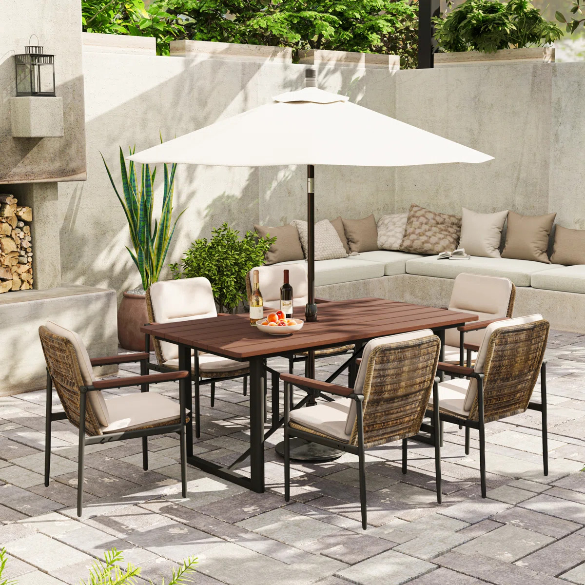 Huskins 7-Piece Aluminum Outdoor Dining Set With Wooden Table Top, Wicker Chairs And Light Gray C... | Wayfair North America