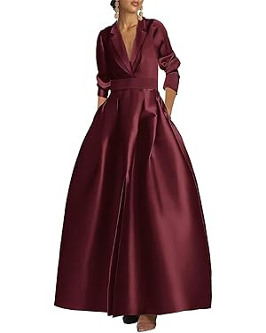 Long Sleeve Prom Dresses with Pockets Satin Evening Dress V Neck Ball Gowns for Women Formal | Amazon (US)