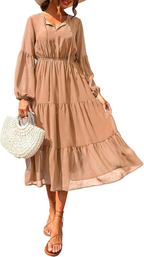 BTFBM Women V Neck Fall Dresses Casual Long Sleeve Tie Neck Solid Color High Waist Pleated Flowy ... | Amazon (US)