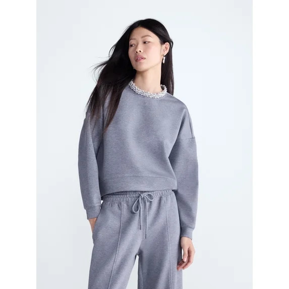 Scoop Women's and Women's Plus Scubaknit Pearl Embellished Sweatshirt, Sizes XS-4X | Walmart (US)