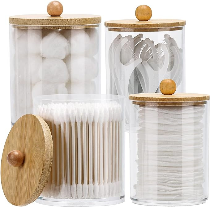 Tbestmax 4 Pack Qtip Holder Dispenser Cotton Ball, Cotton Swab, Floss - 12oz, 10 oz Clear Plastic... | Amazon (US)