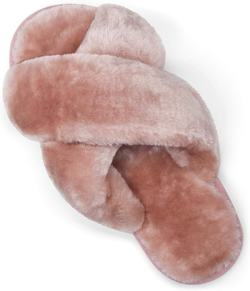 Vepose Women's Cross Band Slippers Soft Plush Furry Open Toe Fur Slides Fuzzy Fluffy Slip on Hous... | Amazon (US)